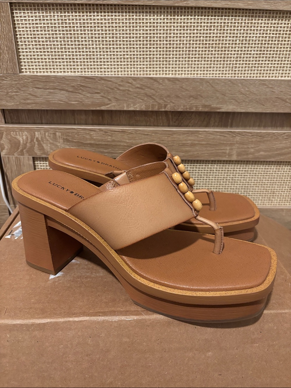 Lucky Brand Brown Tan Platform Toe-Post Sandals with Bead Accent